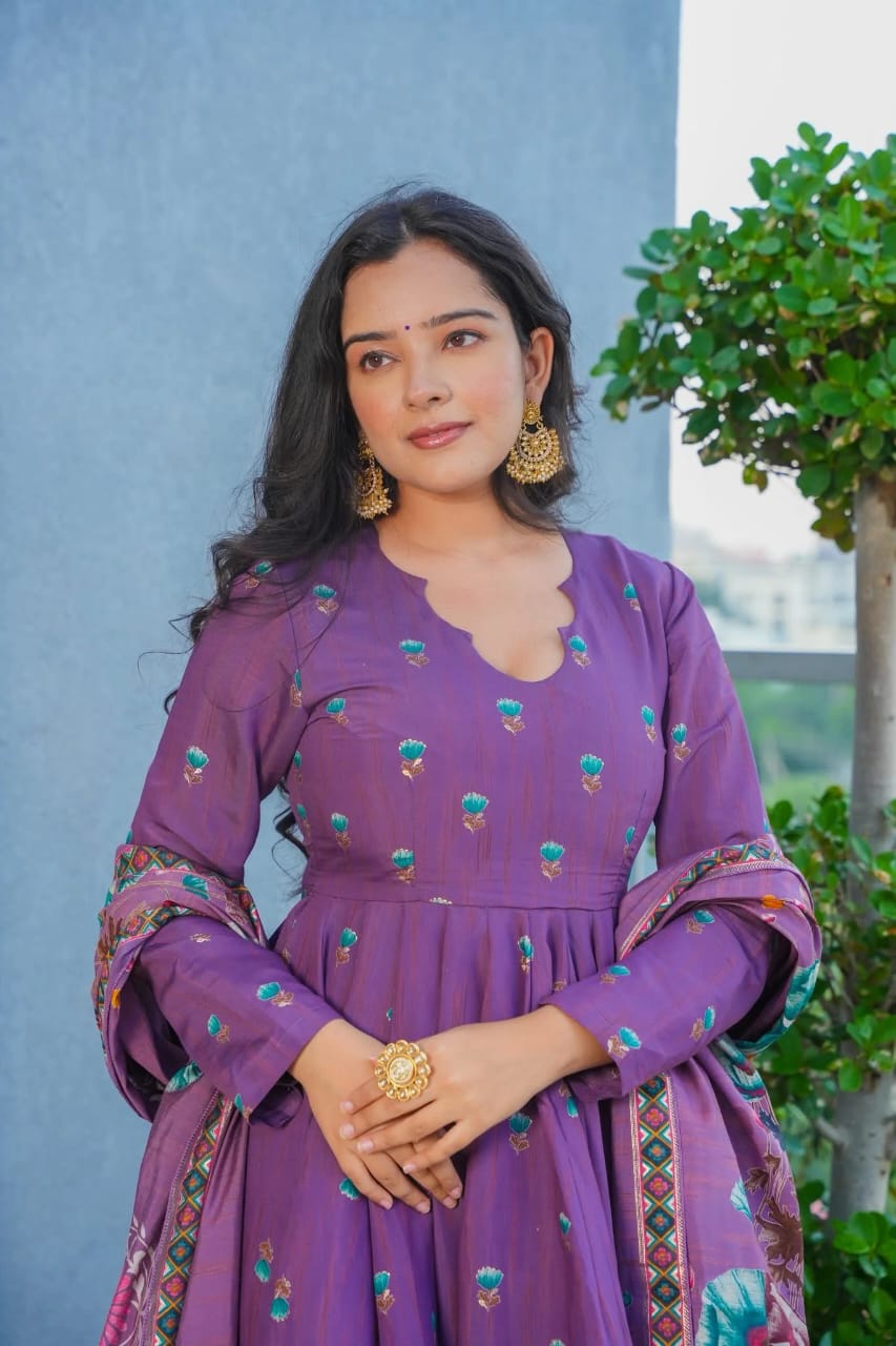 Aadesh Fashion Gulmohar Tales Lavender Muslin Flared Anarkali Suit Set with Muslin Dupatta