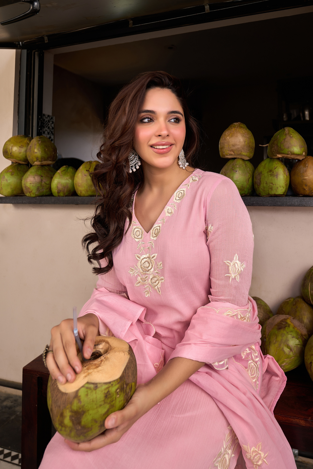 Baby Pink Chinnon Kurta Set – 3-Piece Ivory Floral Cut-Work Embroidered Festive Suit
