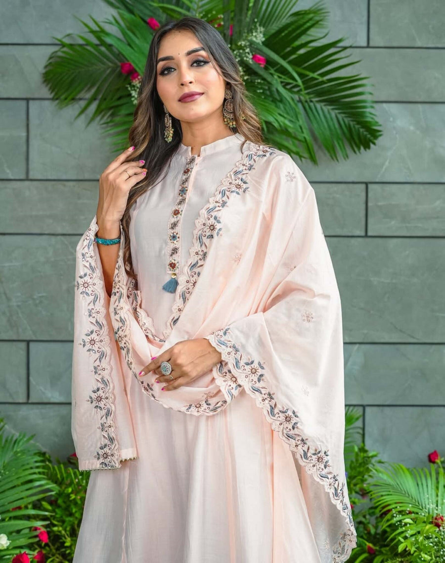 Aadesh Fashion Pastel Pink Muslin Cotton Flared Kurti Pant Set with Scalloped Dupatta