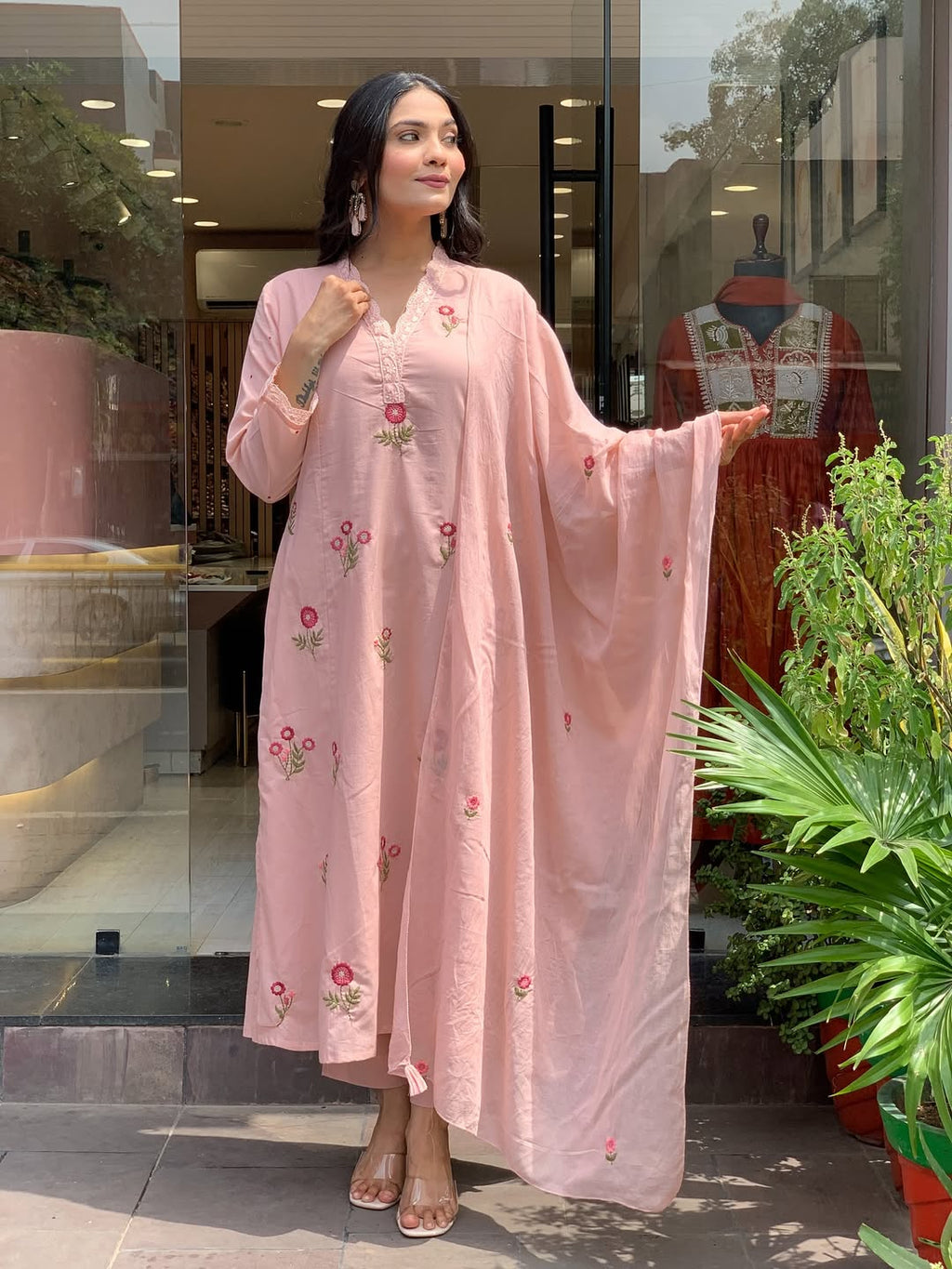 Peach Roman Silk Kurta Set – 3-Piece Floral Embroidered Suit with Chanderi Dupatta