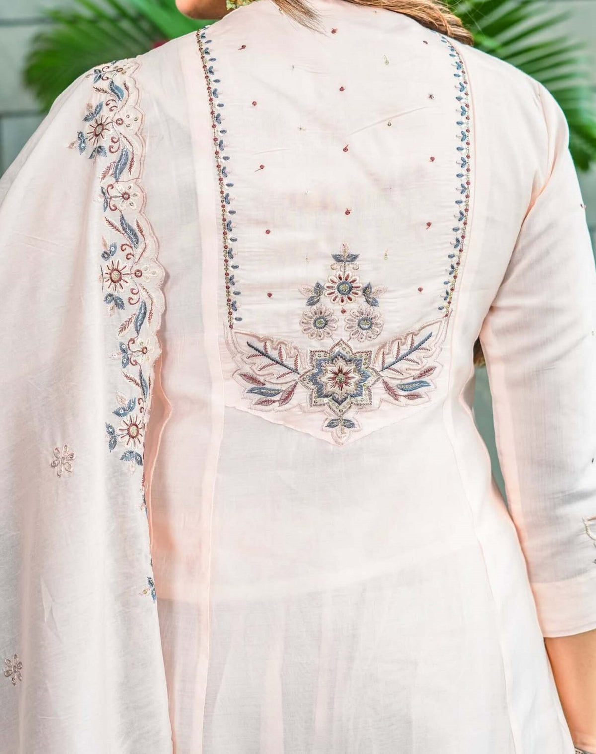 Aadesh Fashion Pastel Pink Muslin Cotton Flared Kurti Pant Set with Scalloped Dupatta