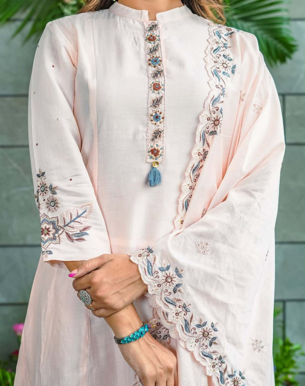 Aadesh Fashion Pastel Pink Muslin Cotton Flared Kurti Pant Set with Scalloped Dupatta