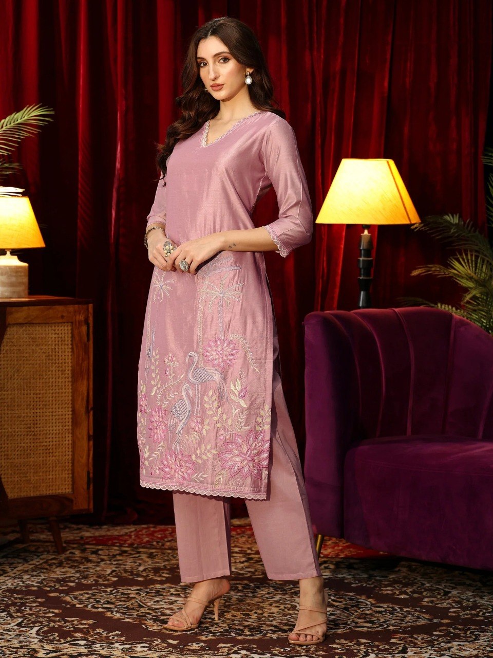 Luxury Mauve Pink Roman Silk Kurta Set with Scalloped Dupatta – 3-Piece Flamingo & Floral Embroidered Festive Salwar Suit