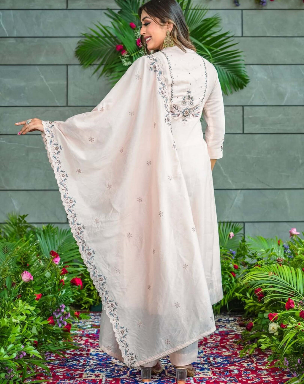 Aadesh Fashion Pastel Pink Muslin Cotton Flared Kurti Pant Set with Scalloped Dupatta