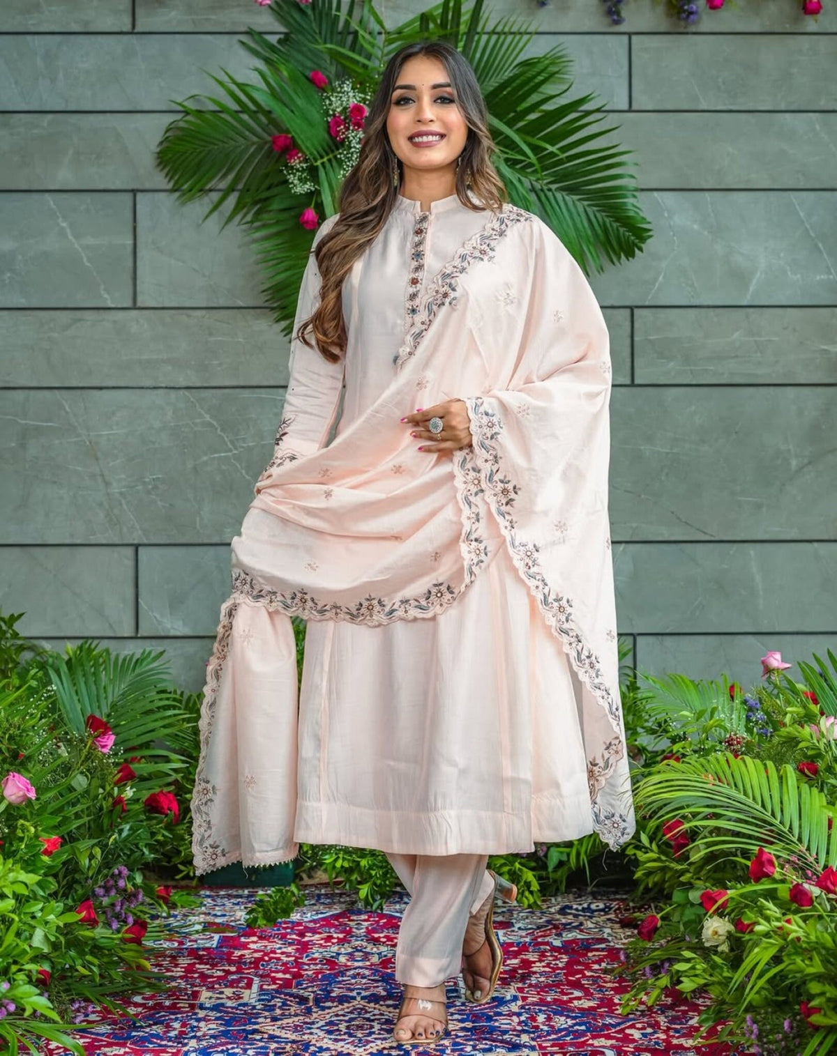 Aadesh Fashion Pastel Pink Muslin Cotton Flared Kurti Pant Set with Scalloped Dupatta