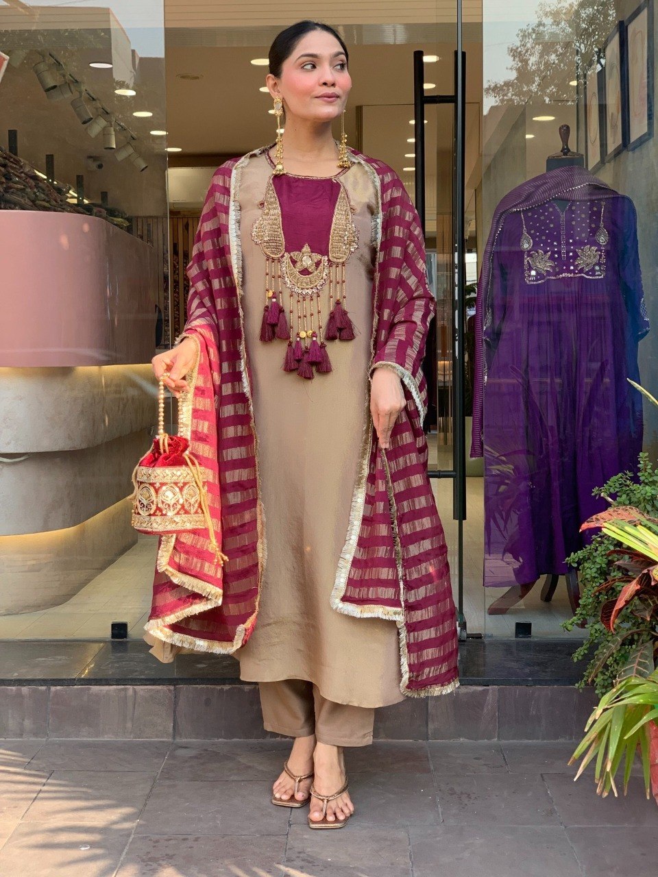 Festive Beige Roman Silk Kurta Set with Wine Zari Jacquard Dupatta – 3-Piece Heavy Hand-Embroidered Salwar Suit