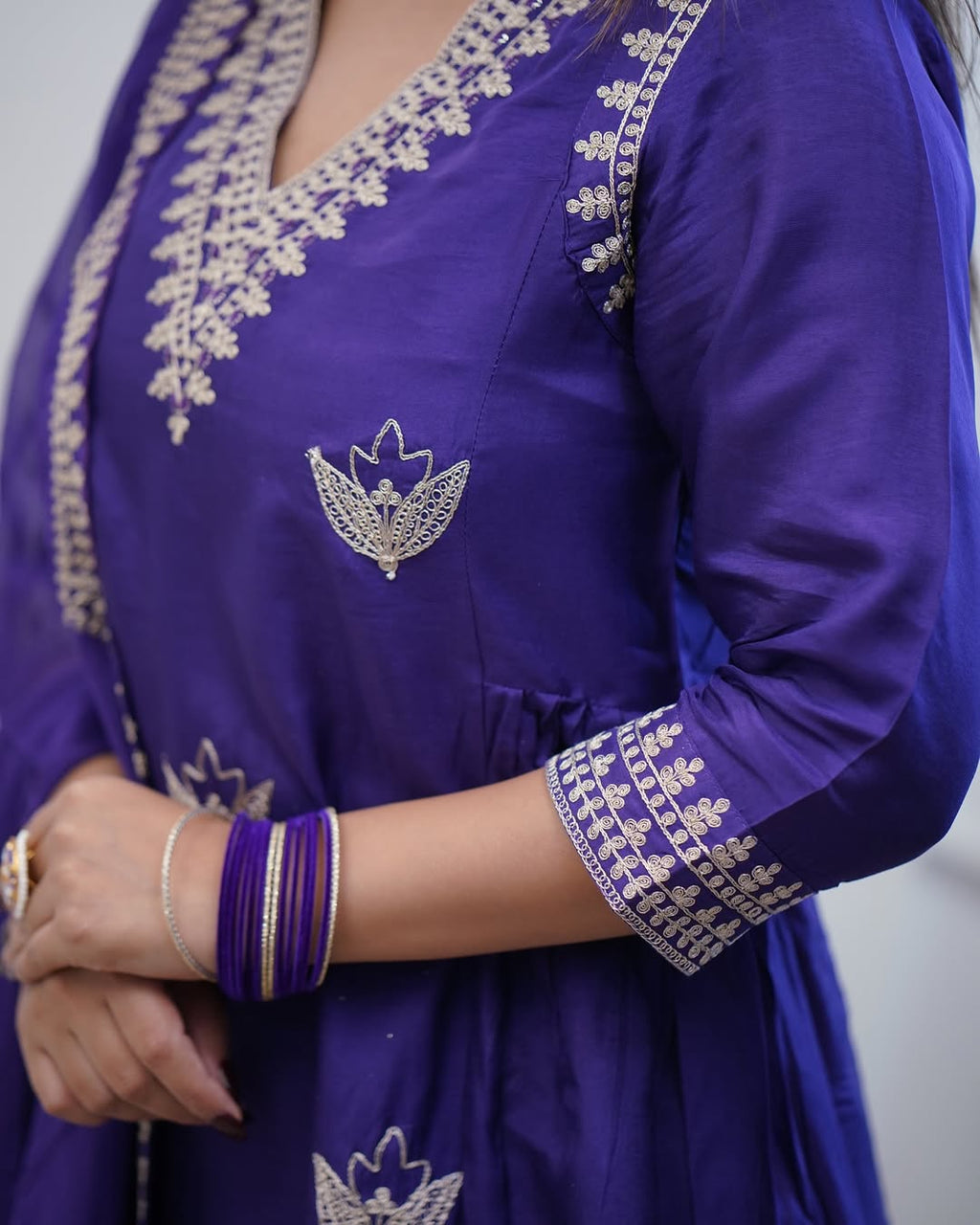 Aadesh Fashion Kavita Deep Purple PV Chanderi Flared Kurti Pant Set with Cutwork Dupatta