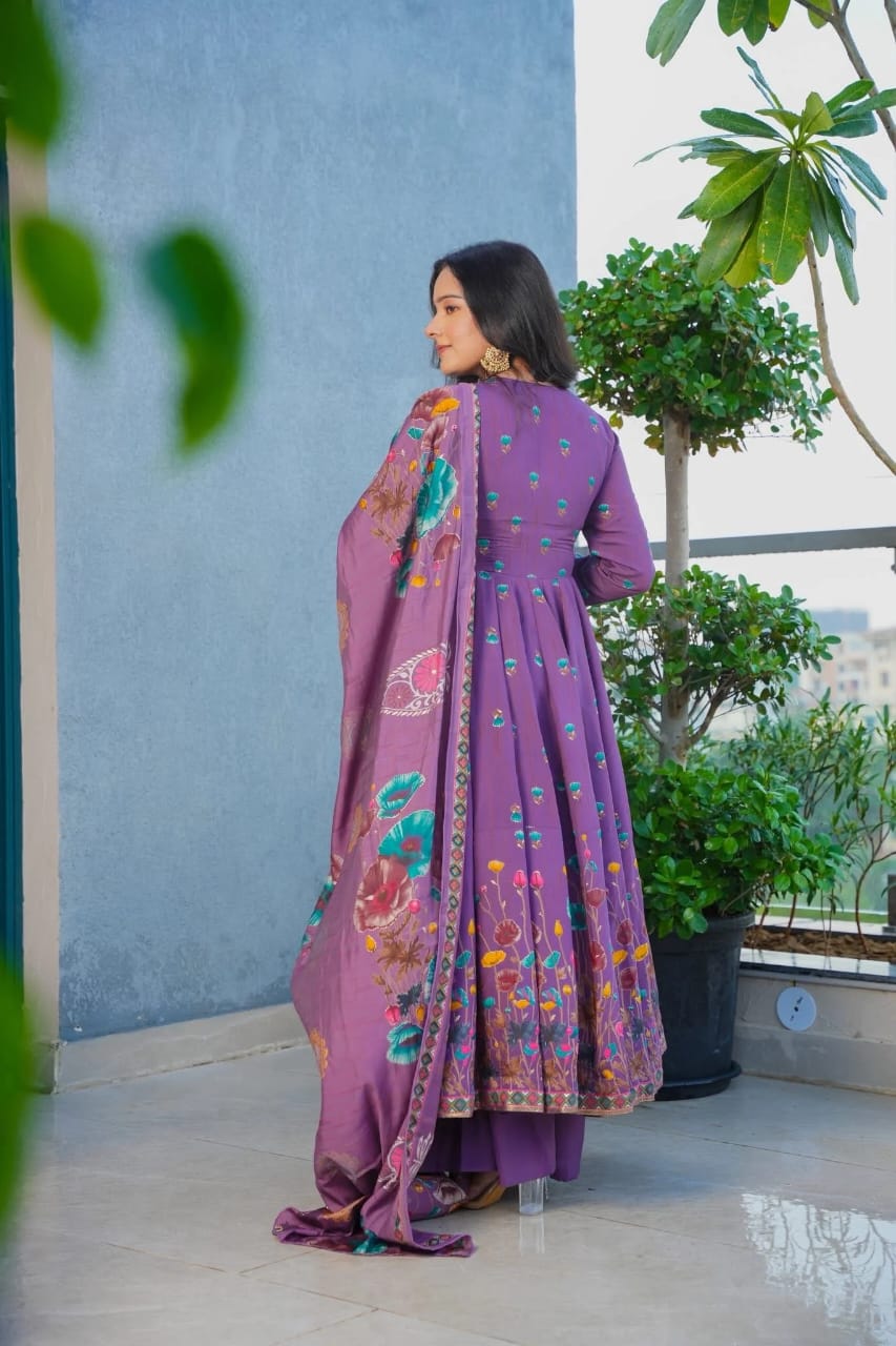 Aadesh Fashion Gulmohar Tales Lavender Muslin Flared Anarkali Suit Set with Muslin Dupatta