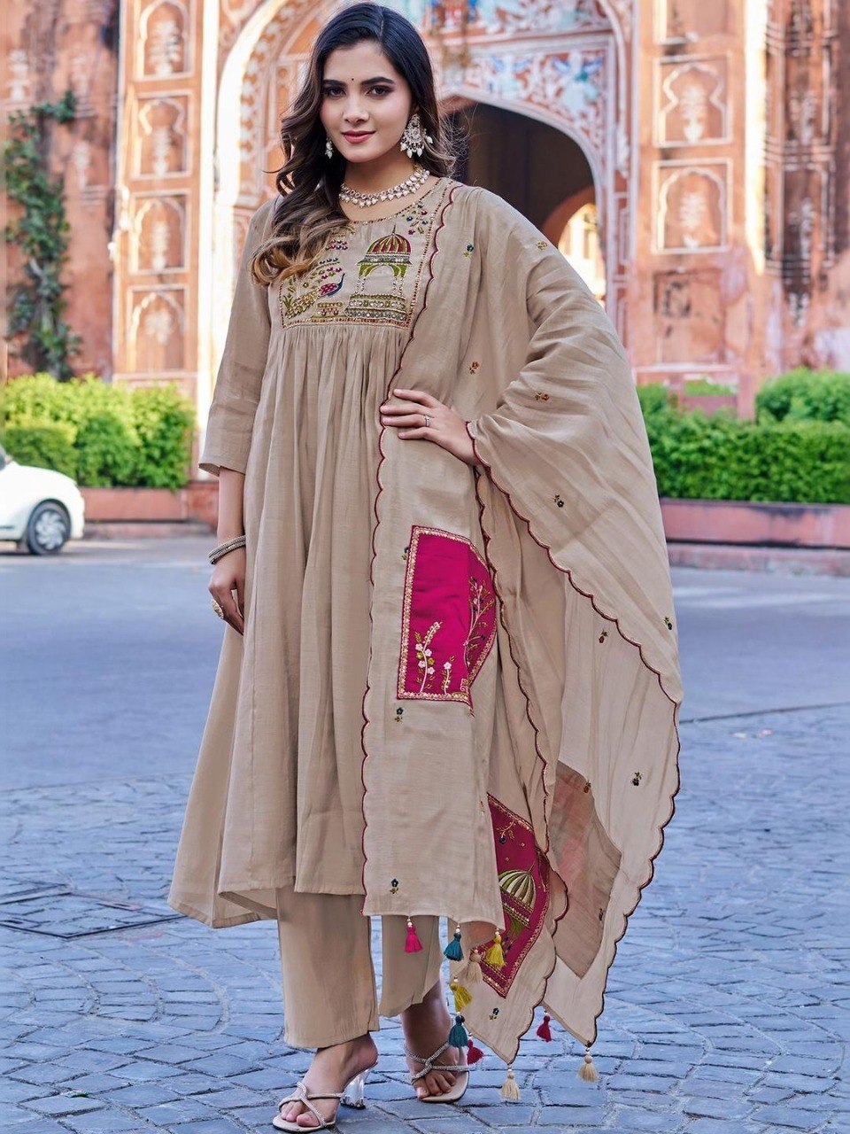 Heritage Beige Roman Silk Flared Kurta Set with Scalloped Jharokha Dupatta – 3-Piece Peacock Embroidered Salwar Suit