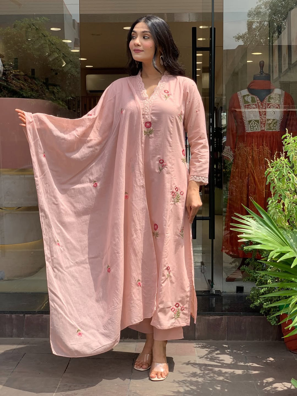 Peach Roman Silk Kurta Set – 3-Piece Floral Embroidered Suit with Chanderi Dupatta