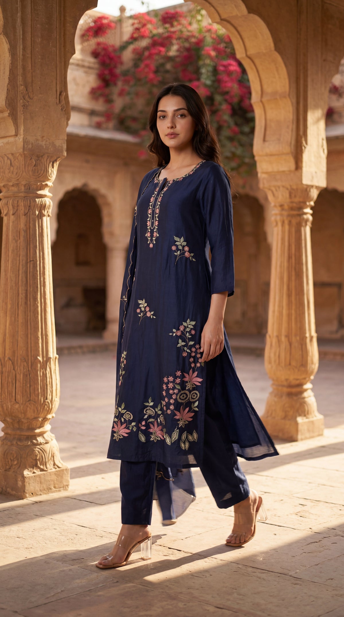 Navy Blue Chanderi Kurta Set – 3-Piece Pink Floral Embroidered Suit with Scalloped Dupatta