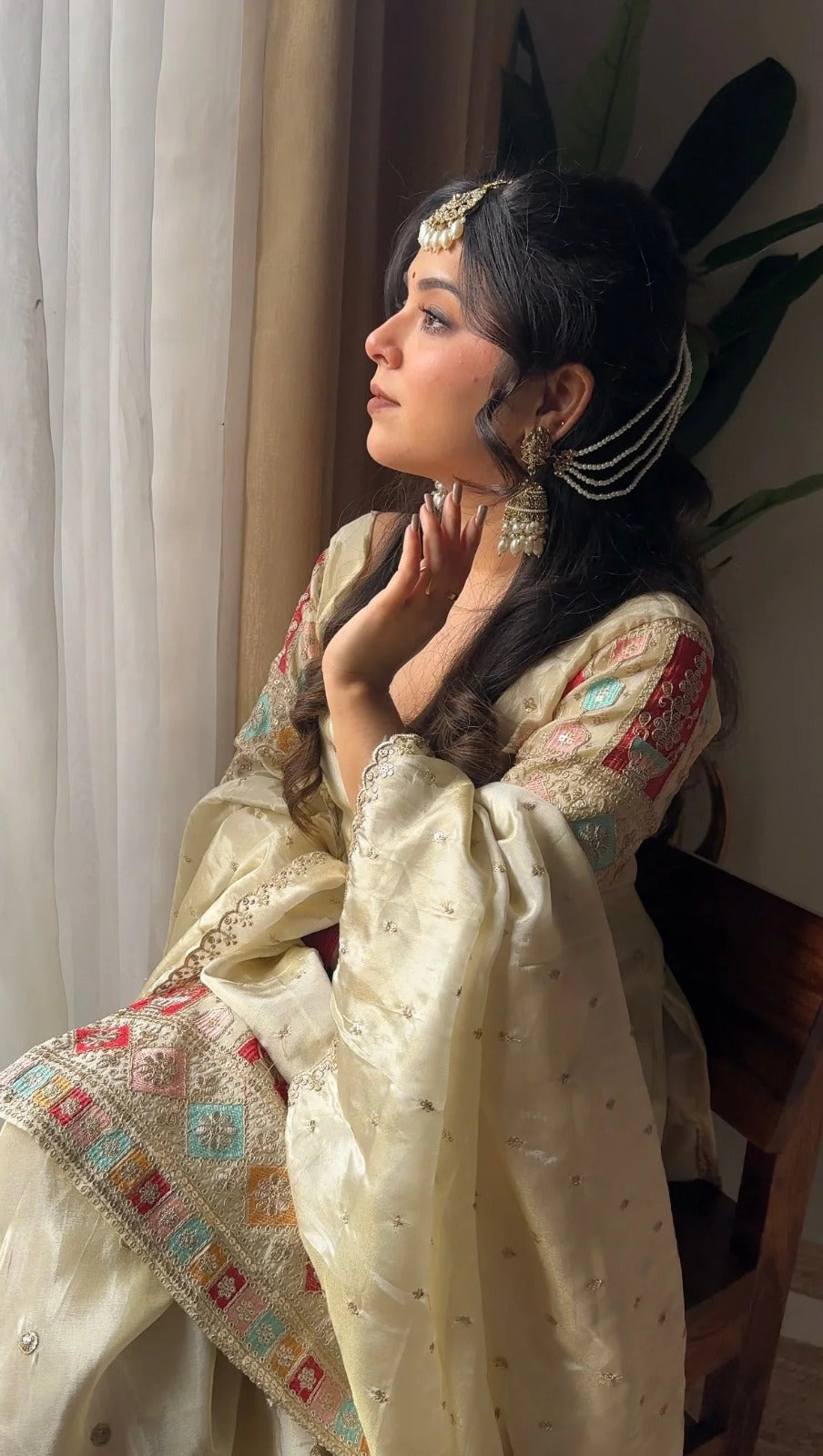 Off-White Chinnon Gharara Suit Set – 3-Piece Multi-Color 5mm Zari Embroidered Festive Suit
