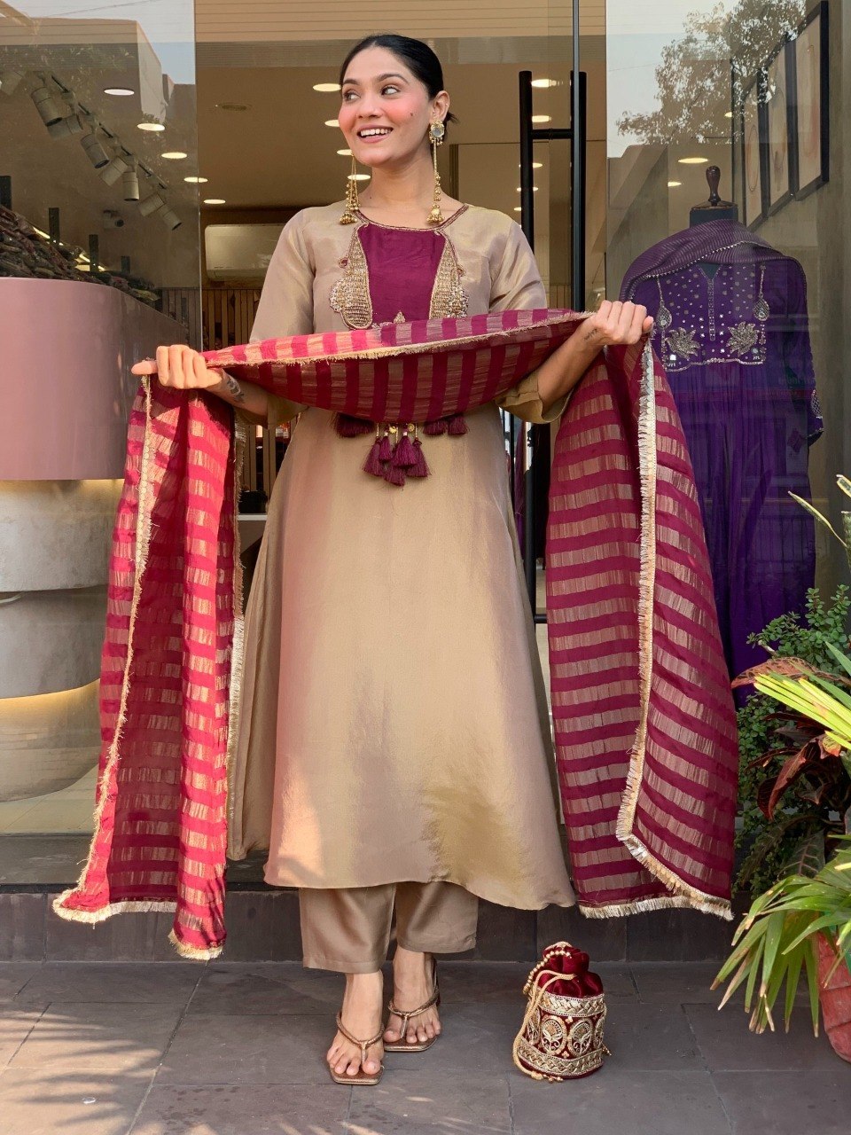 Festive Beige Roman Silk Kurta Set with Wine Zari Jacquard Dupatta – 3-Piece Heavy Hand-Embroidered Salwar Suit