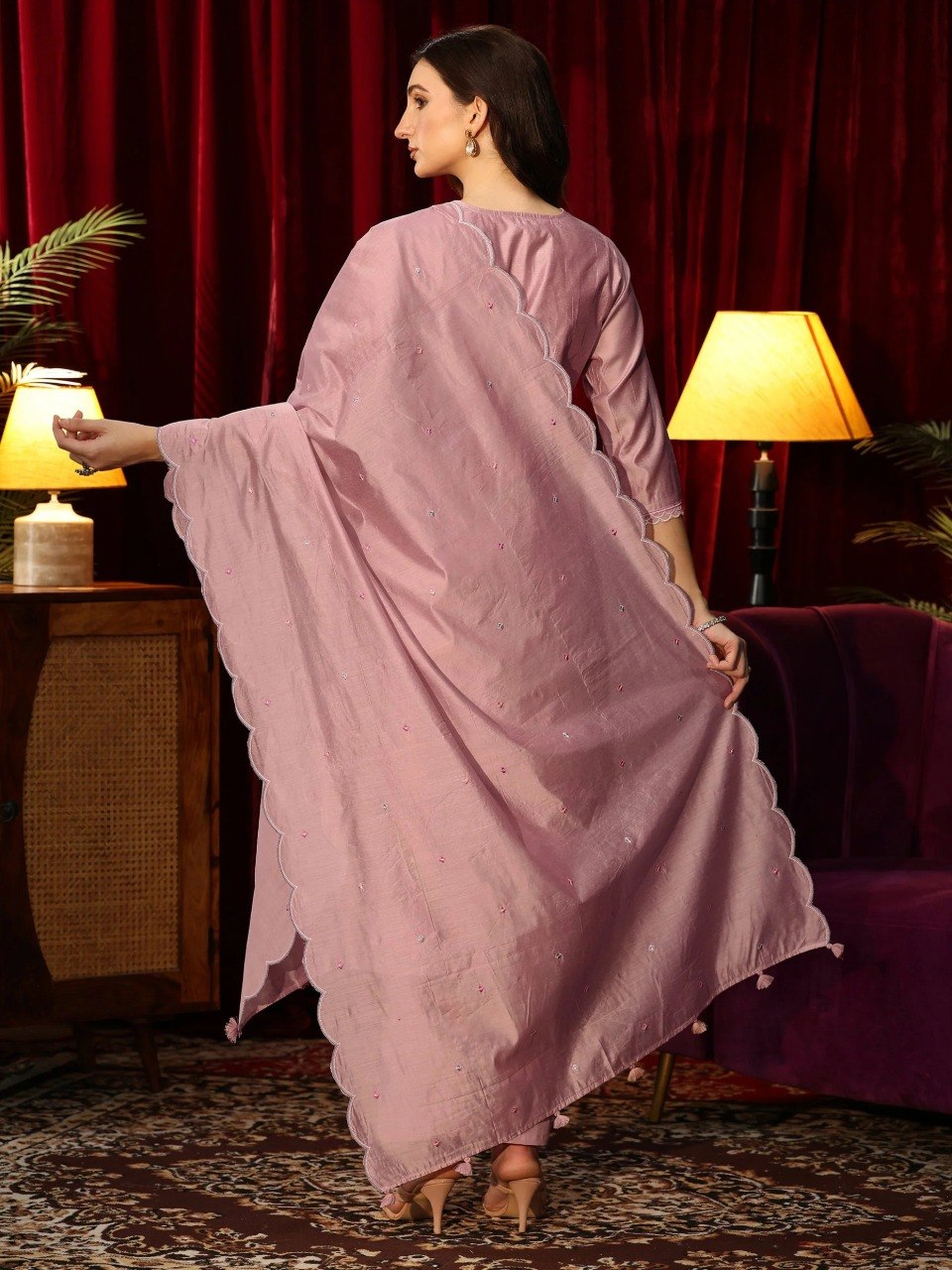 Luxury Mauve Pink Roman Silk Kurta Set with Scalloped Dupatta – 3-Piece Flamingo & Floral Embroidered Festive Salwar Suit
