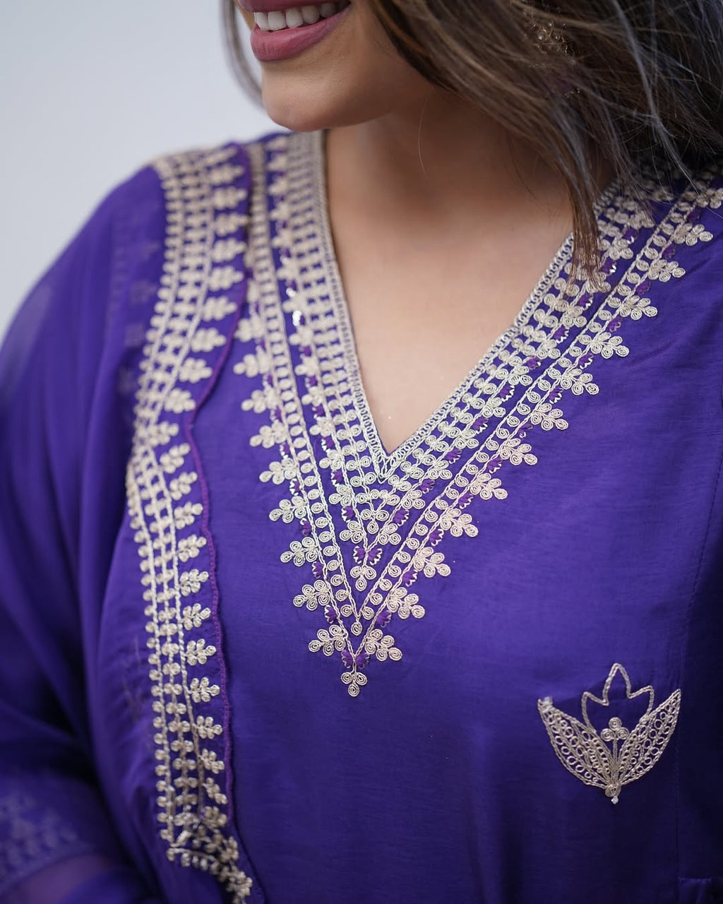 Aadesh Fashion Kavita Deep Purple PV Chanderi Flared Kurti Pant Set with Cutwork Dupatta