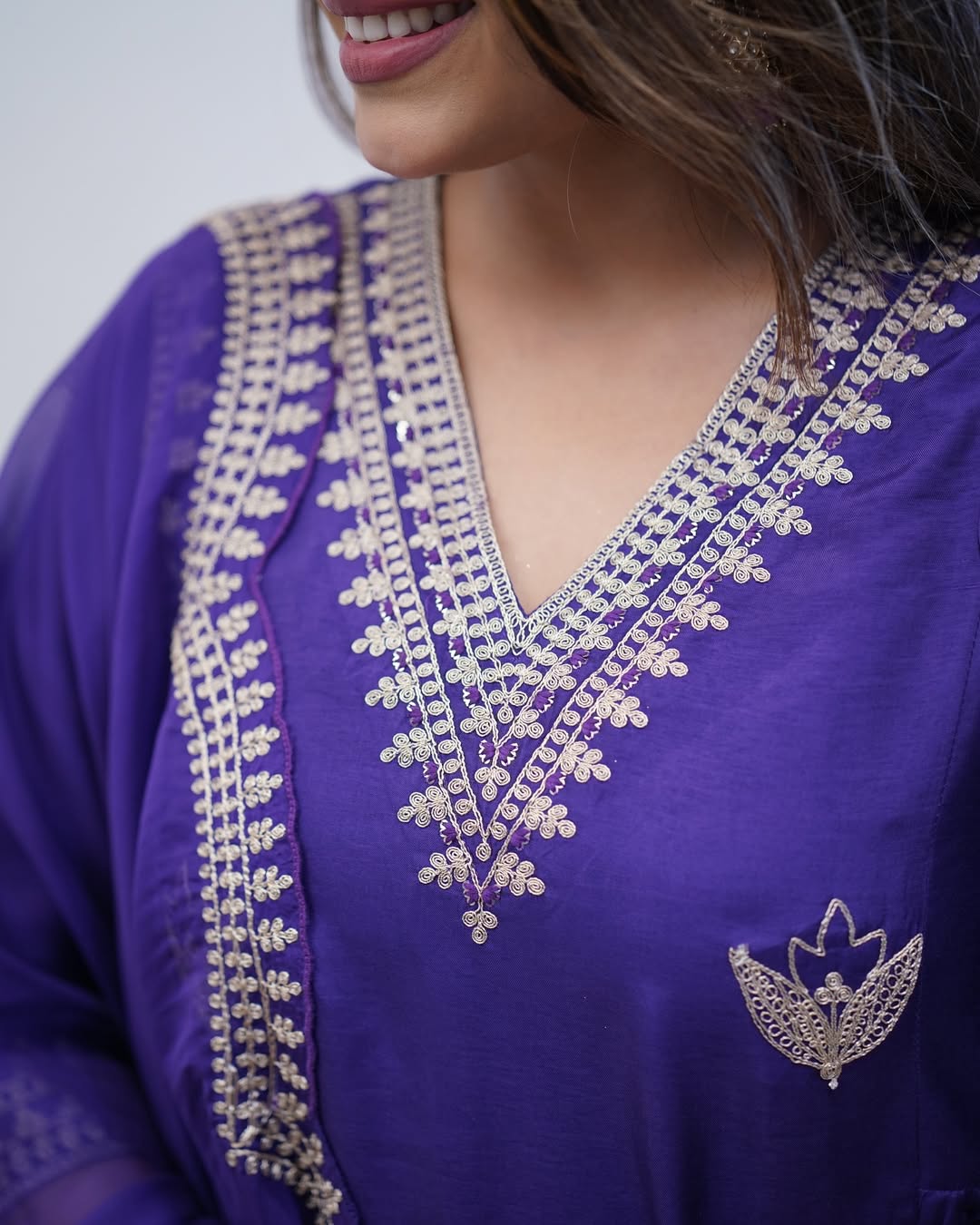 Aadesh Fashion Kavita Deep Purple PV Chanderi Flared Kurti Pant Set with Cutwork Dupatta