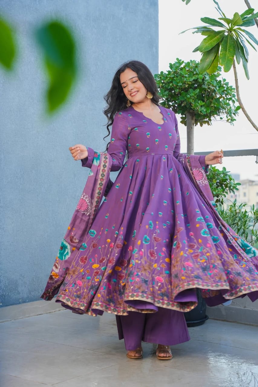 Aadesh Fashion Gulmohar Tales Lavender Muslin Flared Anarkali Suit Set with Muslin Dupatta