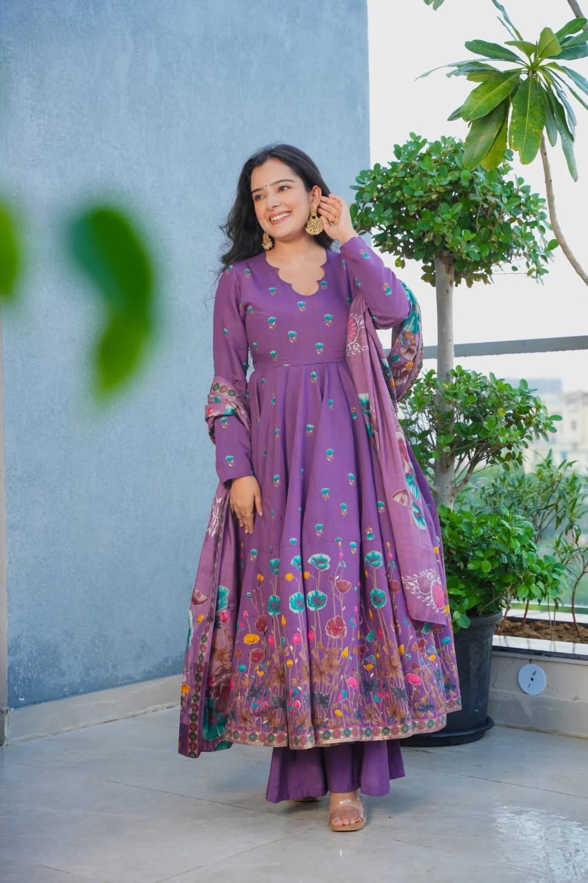 Aadesh Fashion Gulmohar Tales Lavender Muslin Flared Anarkali Suit Set with Muslin Dupatta