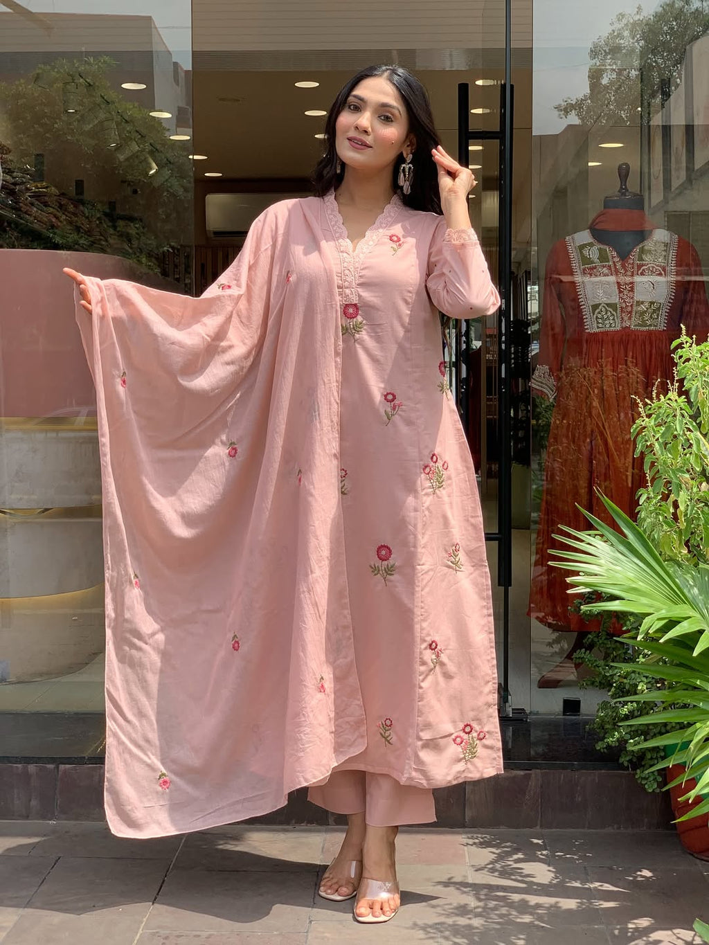 Peach Roman Silk Kurta Set – 3-Piece Floral Embroidered Suit with Chanderi Dupatta