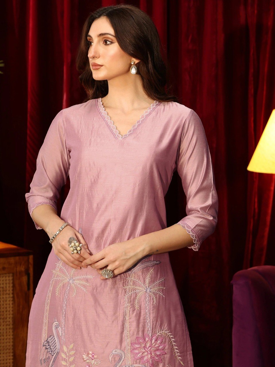 Luxury Mauve Pink Roman Silk Kurta Set with Scalloped Dupatta – 3-Piece Flamingo & Floral Embroidered Festive Salwar Suit