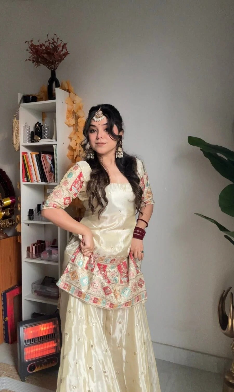 Off-White Chinnon Gharara Suit Set – 3-Piece Multi-Color 5mm Zari Embroidered Festive Suit