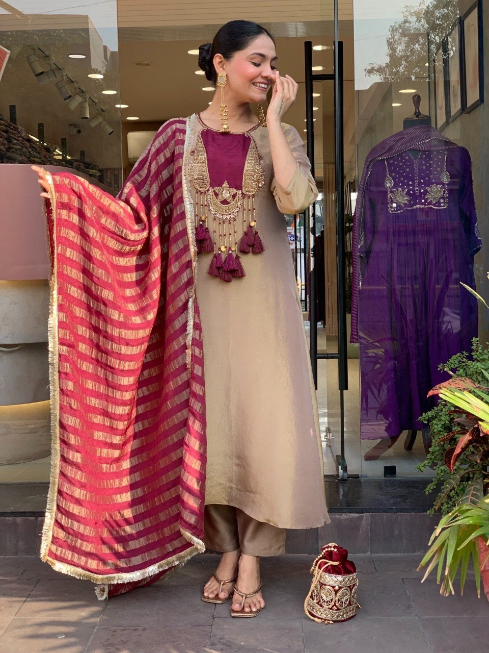 Festive Beige Roman Silk Kurta Set with Wine Zari Jacquard Dupatta – 3-Piece Heavy Hand-Embroidered Salwar Suit