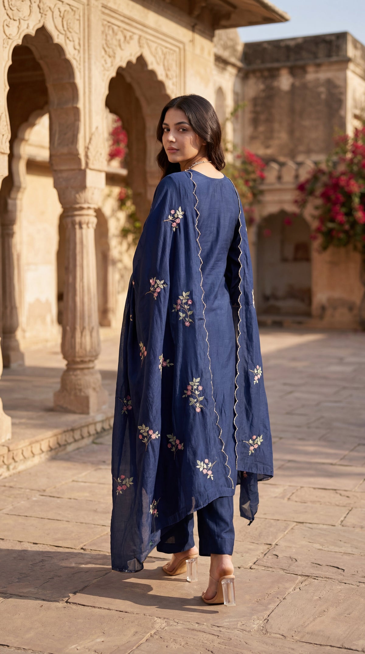 Navy Blue Chanderi Kurta Set – 3-Piece Pink Floral Embroidered Suit with Scalloped Dupatta
