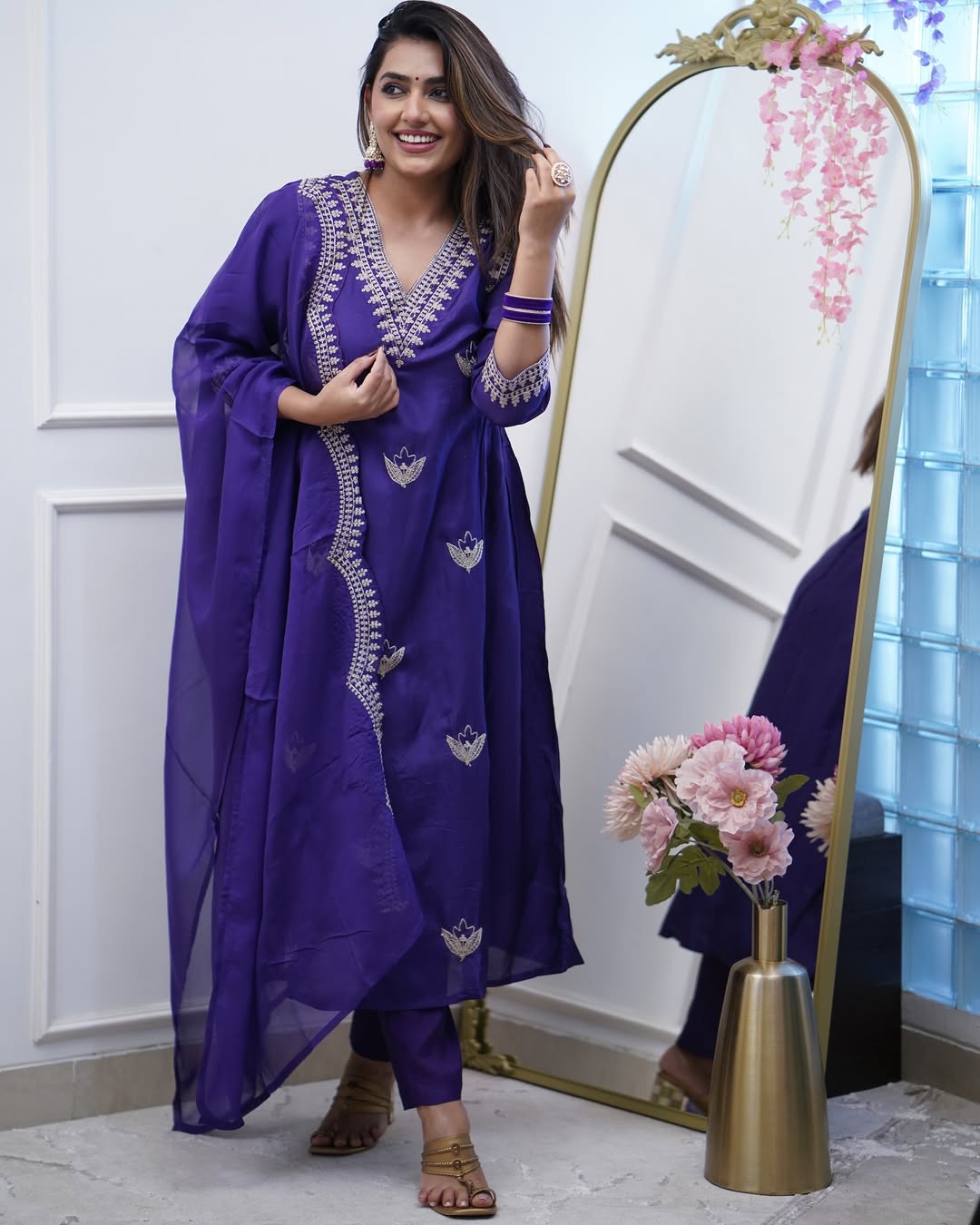 Aadesh Fashion Kavita Deep Purple PV Chanderi Flared Kurti Pant Set with Cutwork Dupatta