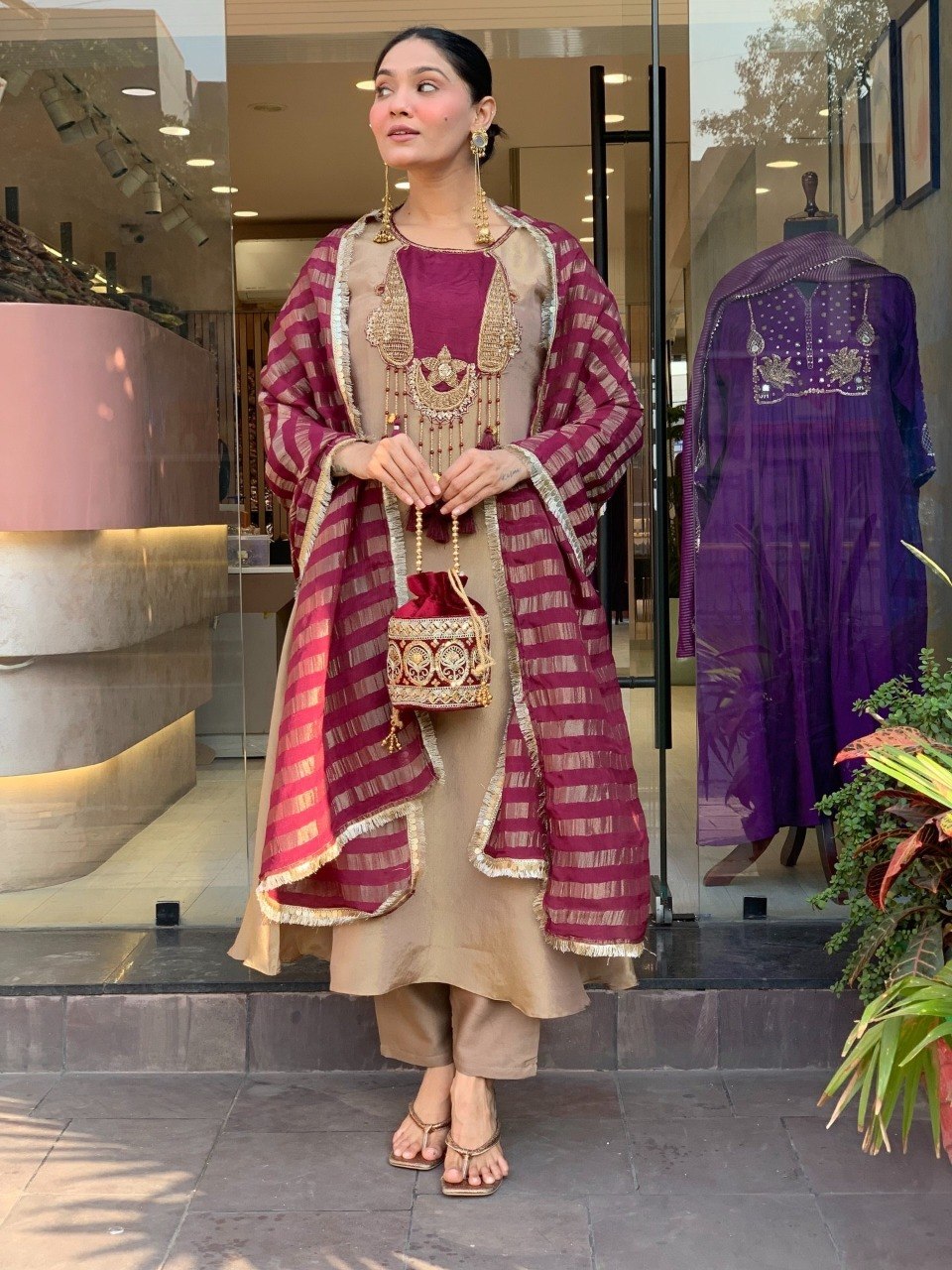 Festive Beige Roman Silk Kurta Set with Wine Zari Jacquard Dupatta – 3-Piece Heavy Hand-Embroidered Salwar Suit