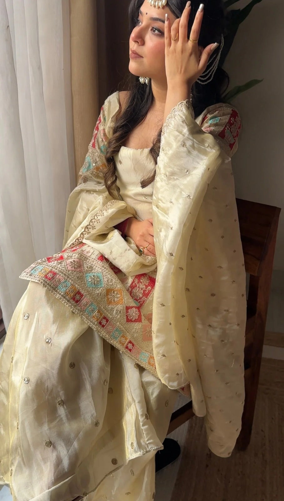 Off-White Chinnon Gharara Suit Set – 3-Piece Multi-Color 5mm Zari Embroidered Festive Suit