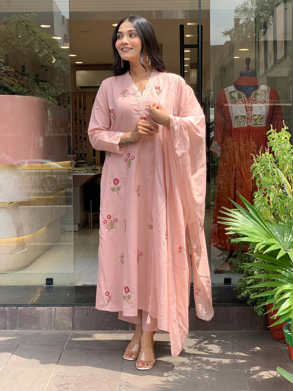 Peach Roman Silk Kurta Set – 3-Piece Floral Embroidered Suit with Chanderi Dupatta