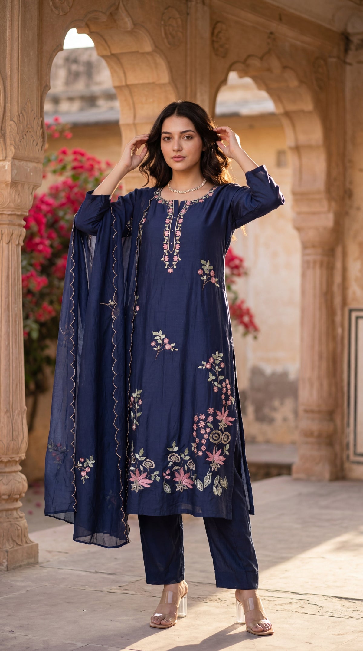 Navy Blue Chanderi Kurta Set – 3-Piece Pink Floral Embroidered Suit with Scalloped Dupatta