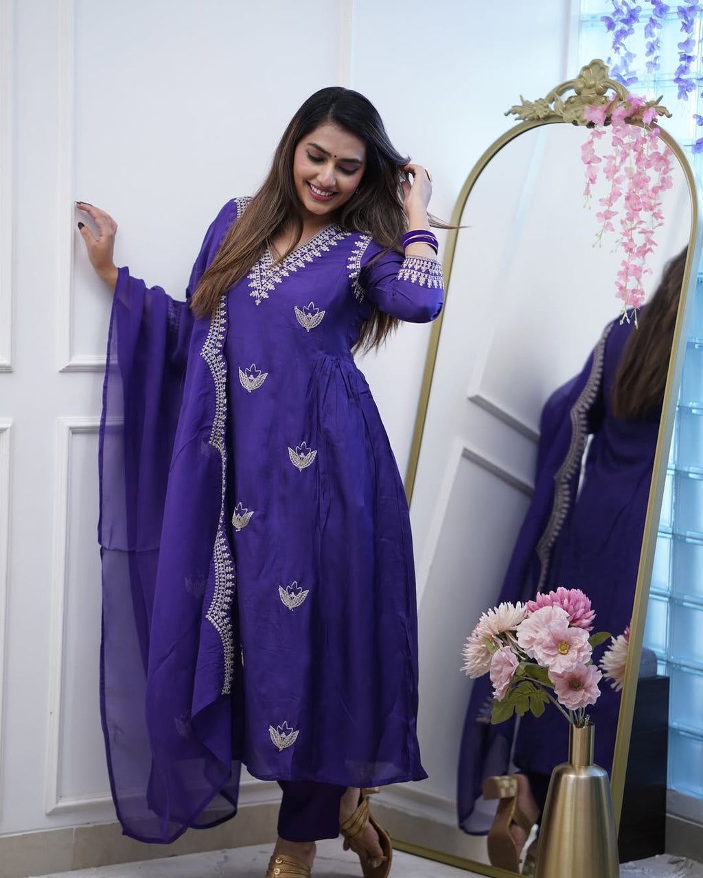 Aadesh Fashion Kavita Deep Purple PV Chanderi Flared Kurti Pant Set with Cutwork Dupatta