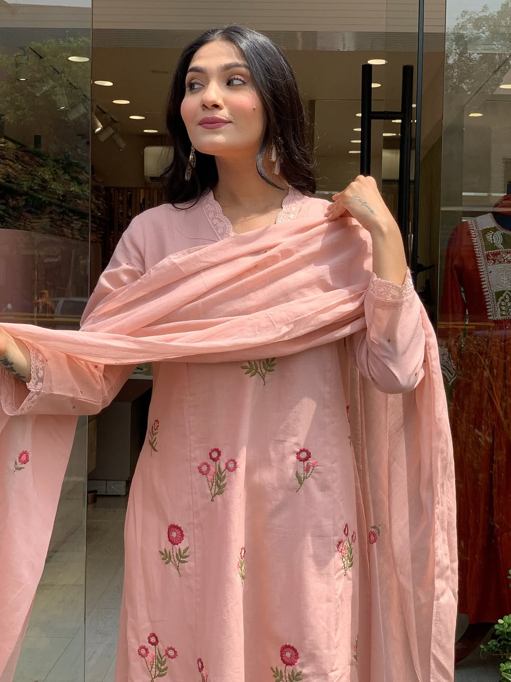 Peach Roman Silk Kurta Set – 3-Piece Floral Embroidered Suit with Chanderi Dupatta