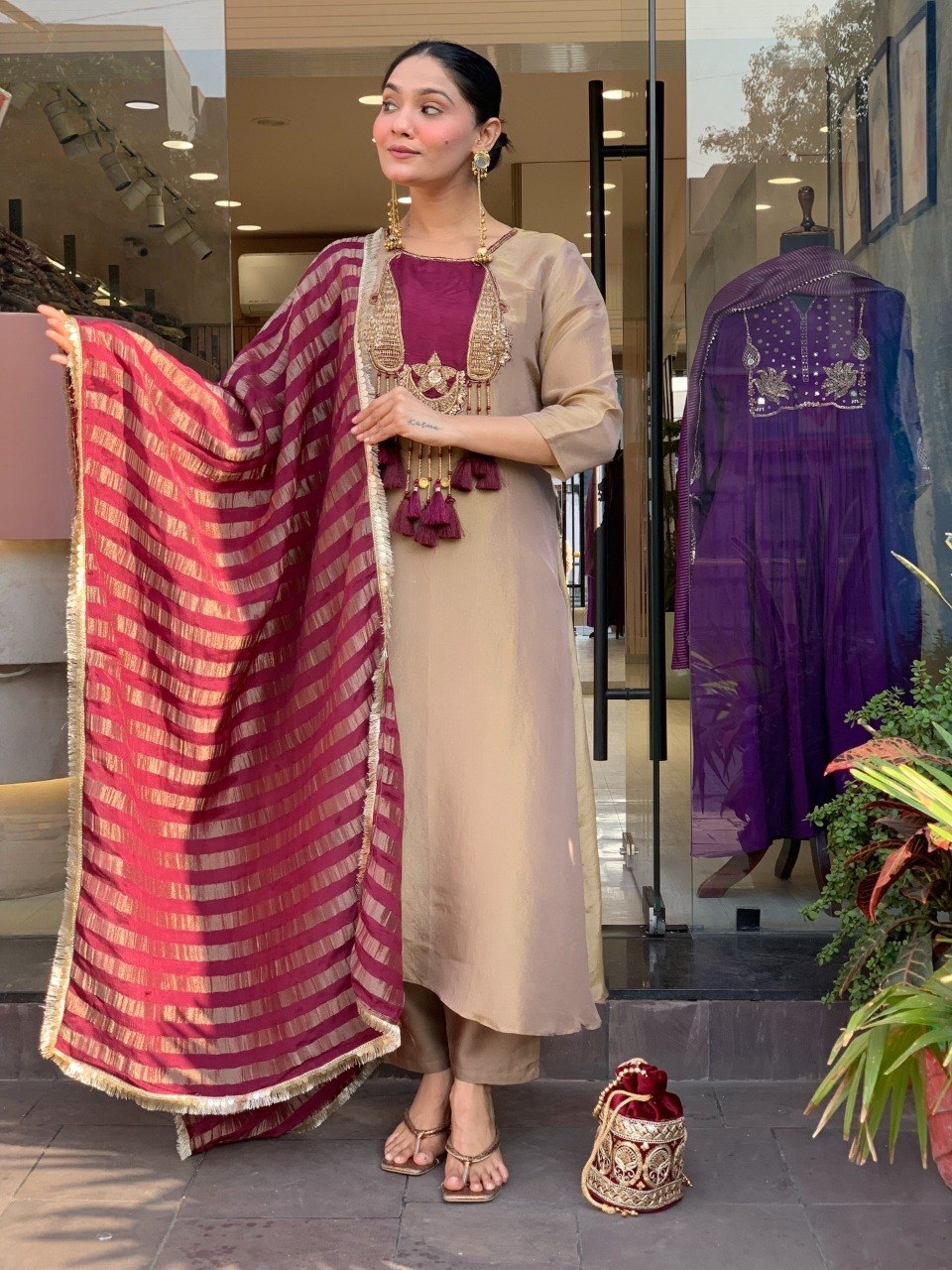 Festive Beige Roman Silk Kurta Set with Wine Zari Jacquard Dupatta – 3-Piece Heavy Hand-Embroidered Salwar Suit