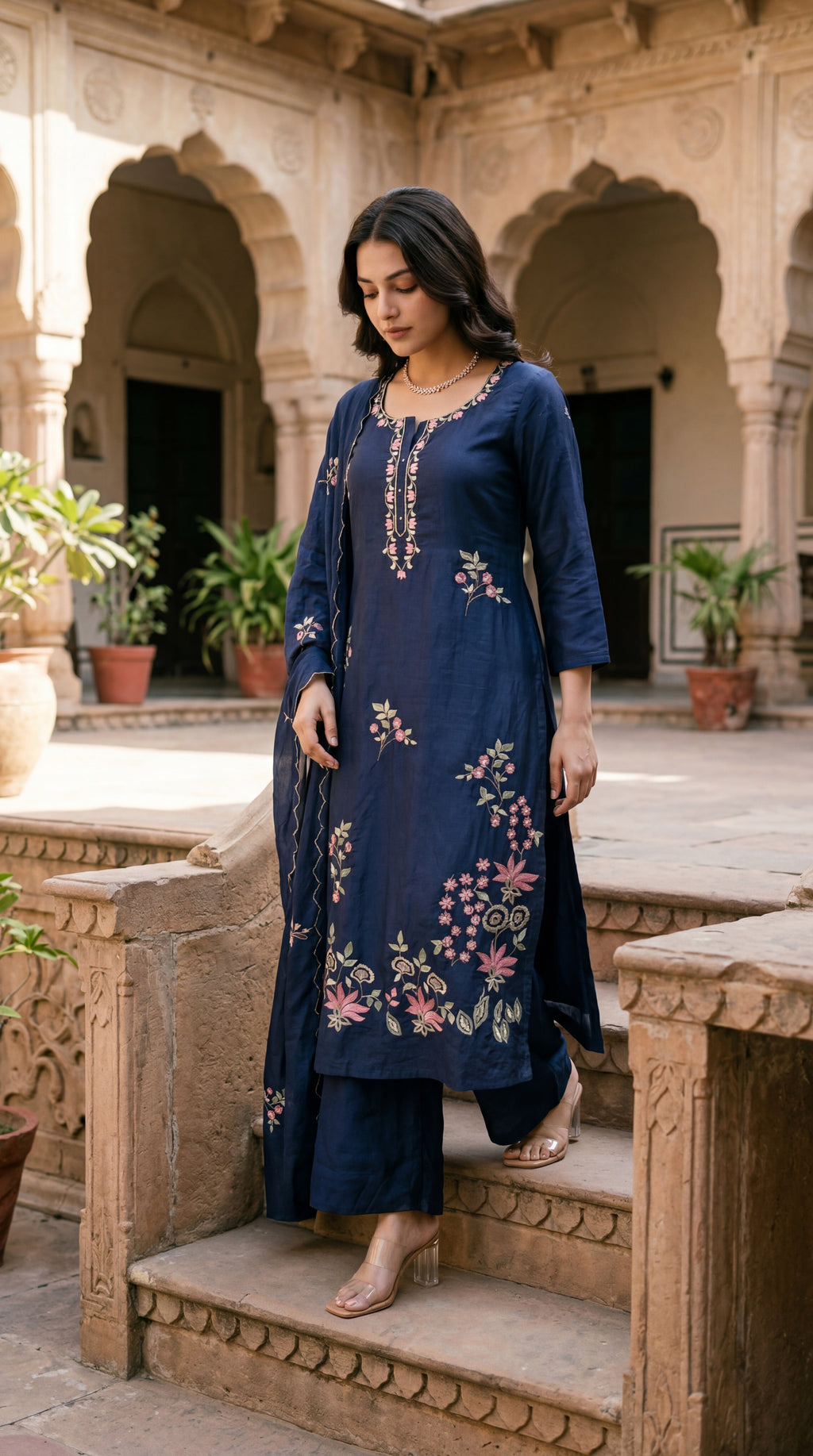 Navy Blue Chanderi Kurta Set – 3-Piece Pink Floral Embroidered Suit with Scalloped Dupatta