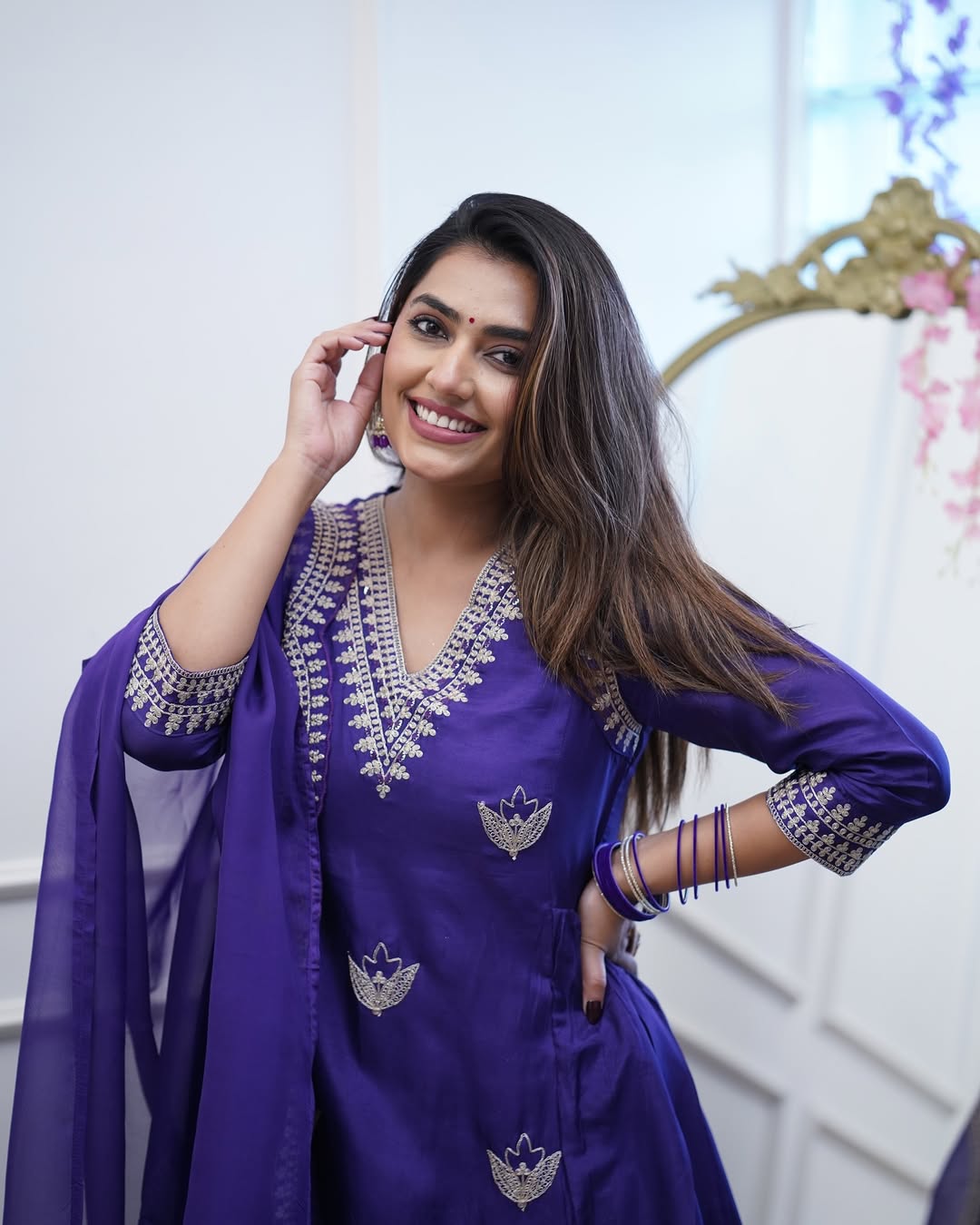 Aadesh Fashion Kavita Deep Purple PV Chanderi Flared Kurti Pant Set with Cutwork Dupatta