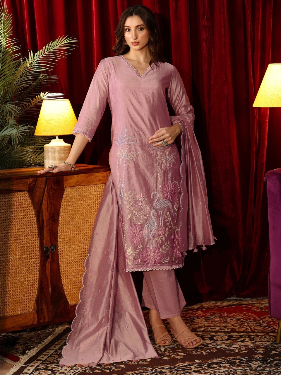 Luxury Mauve Pink Roman Silk Kurta Set with Scalloped Dupatta – 3-Piece Flamingo & Floral Embroidered Festive Salwar Suit