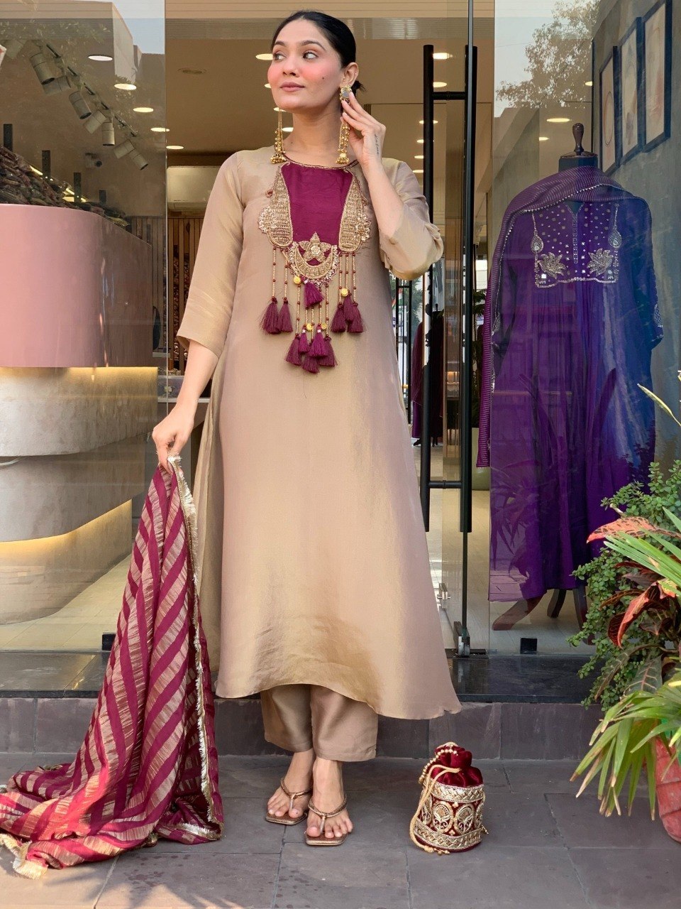 Festive Beige Roman Silk Kurta Set with Wine Zari Jacquard Dupatta – 3-Piece Heavy Hand-Embroidered Salwar Suit