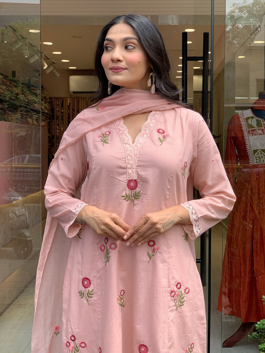Peach Roman Silk Kurta Set – 3-Piece Floral Embroidered Suit with Chanderi Dupatta