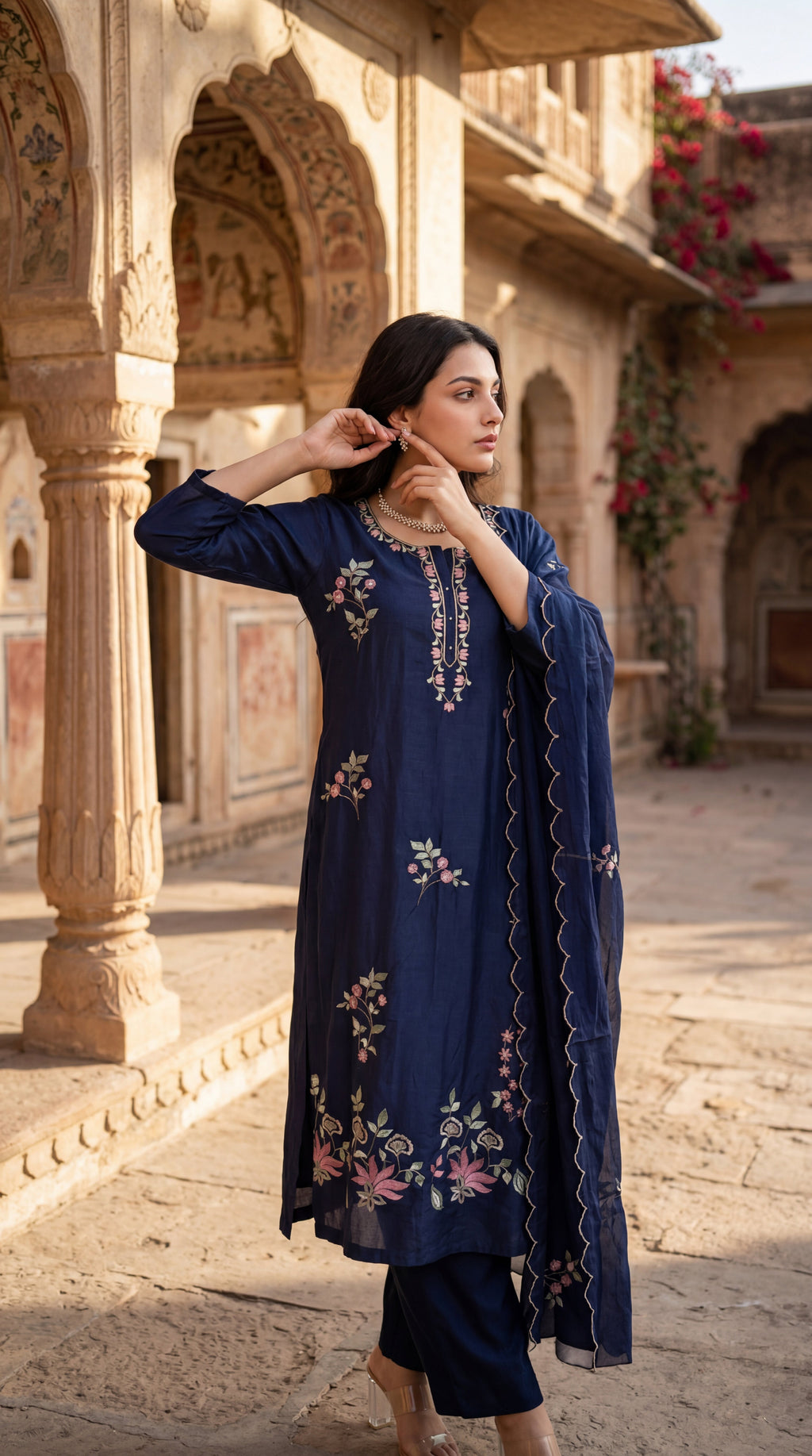 Navy Blue Chanderi Kurta Set – 3-Piece Pink Floral Embroidered Suit with Scalloped Dupatta