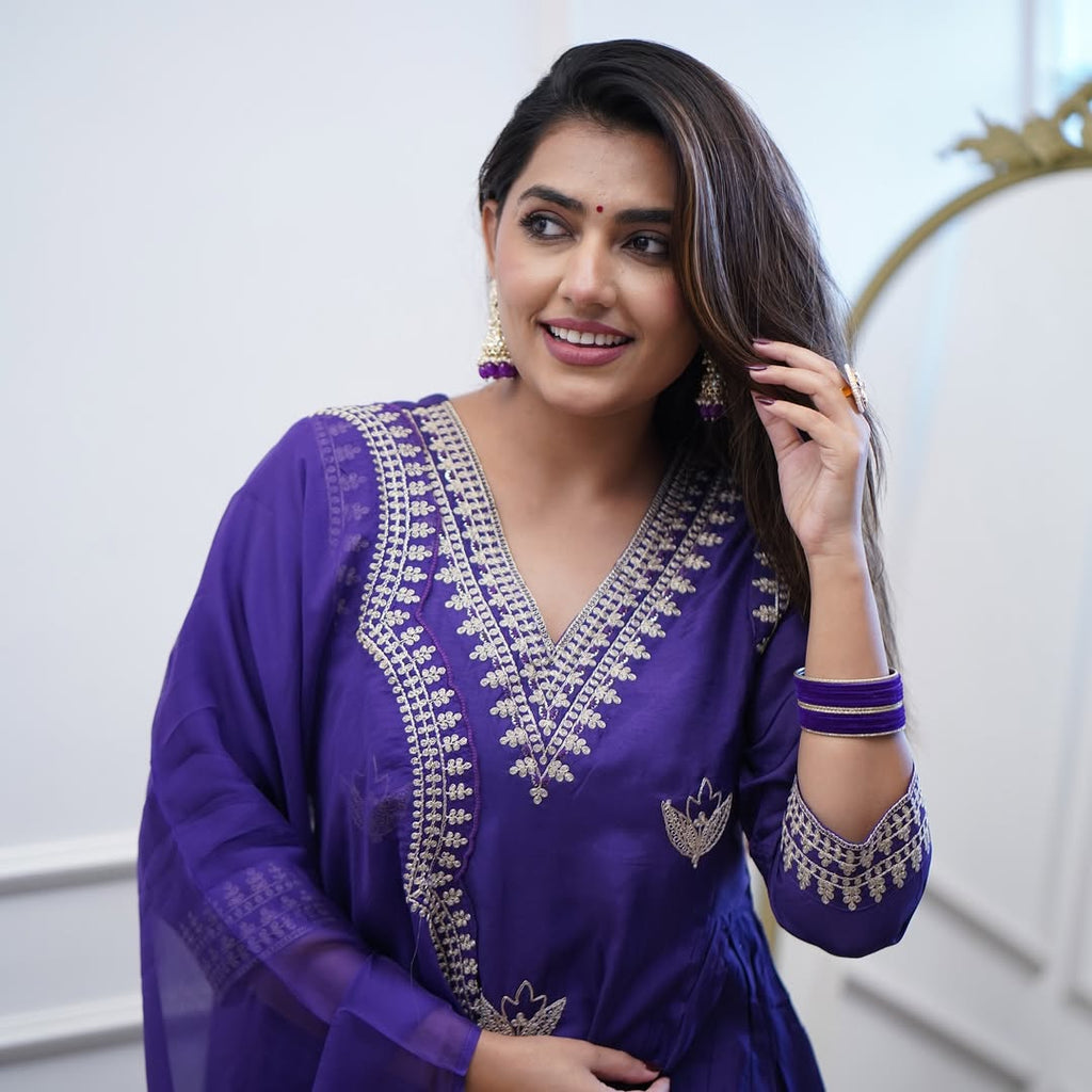 Aadesh Fashion Kavita Deep Purple PV Chanderi Flared Kurti Pant Set with Cutwork Dupatta