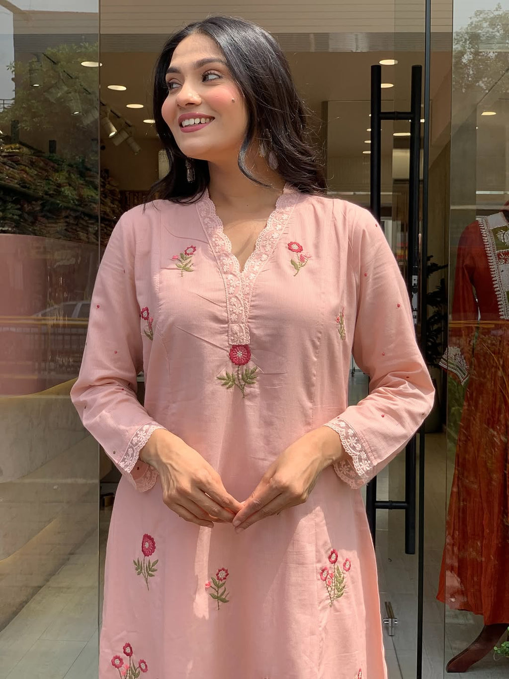Peach Roman Silk Kurta Set – 3-Piece Floral Embroidered Suit with Chanderi Dupatta