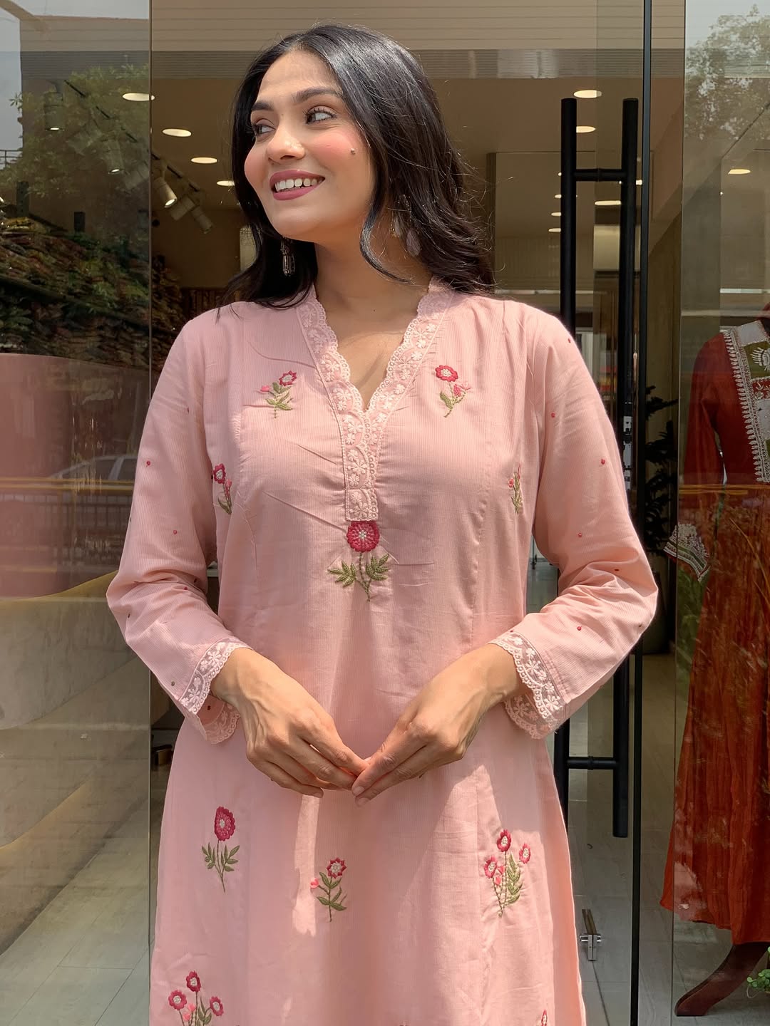 Peach Roman Silk Kurta Set – 3-Piece Floral Embroidered Suit with Chanderi Dupatta