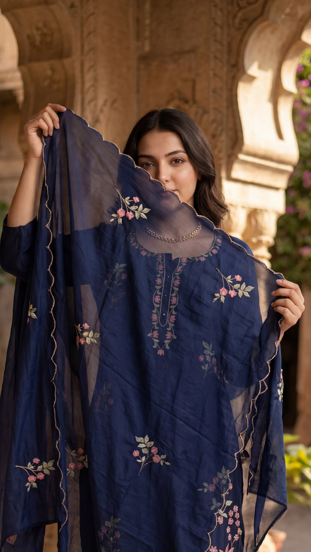 Navy Blue Chanderi Kurta Set – 3-Piece Pink Floral Embroidered Suit with Scalloped Dupatta
