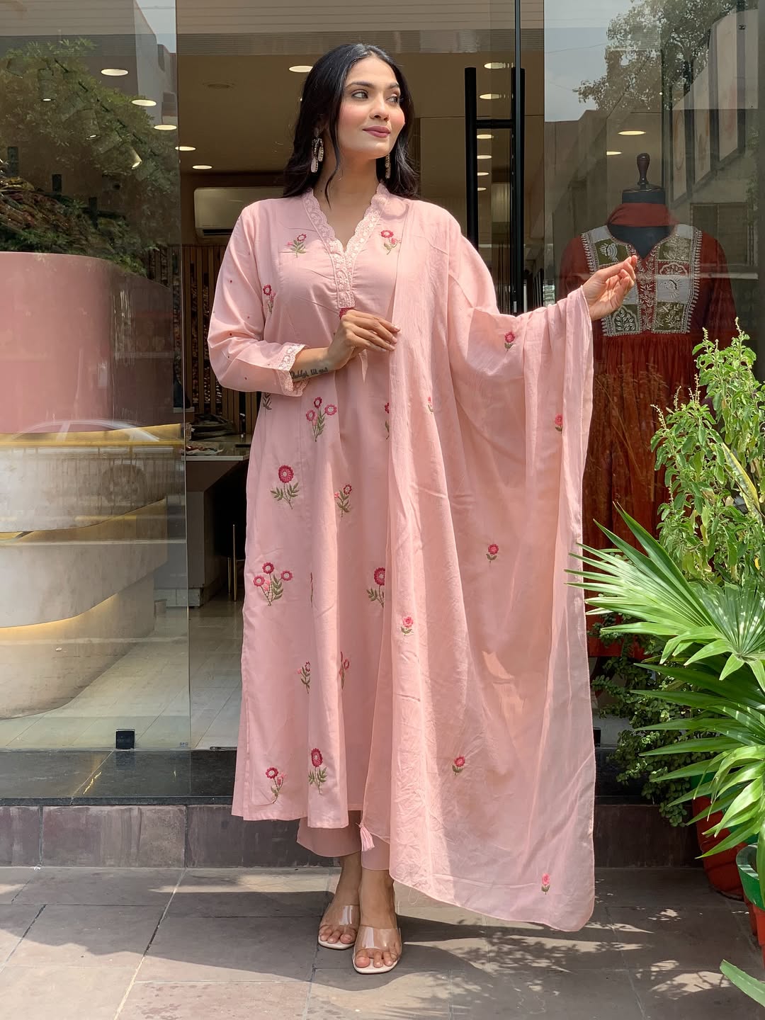 Peach Roman Silk Kurta Set – 3-Piece Floral Embroidered Suit with Chanderi Dupatta