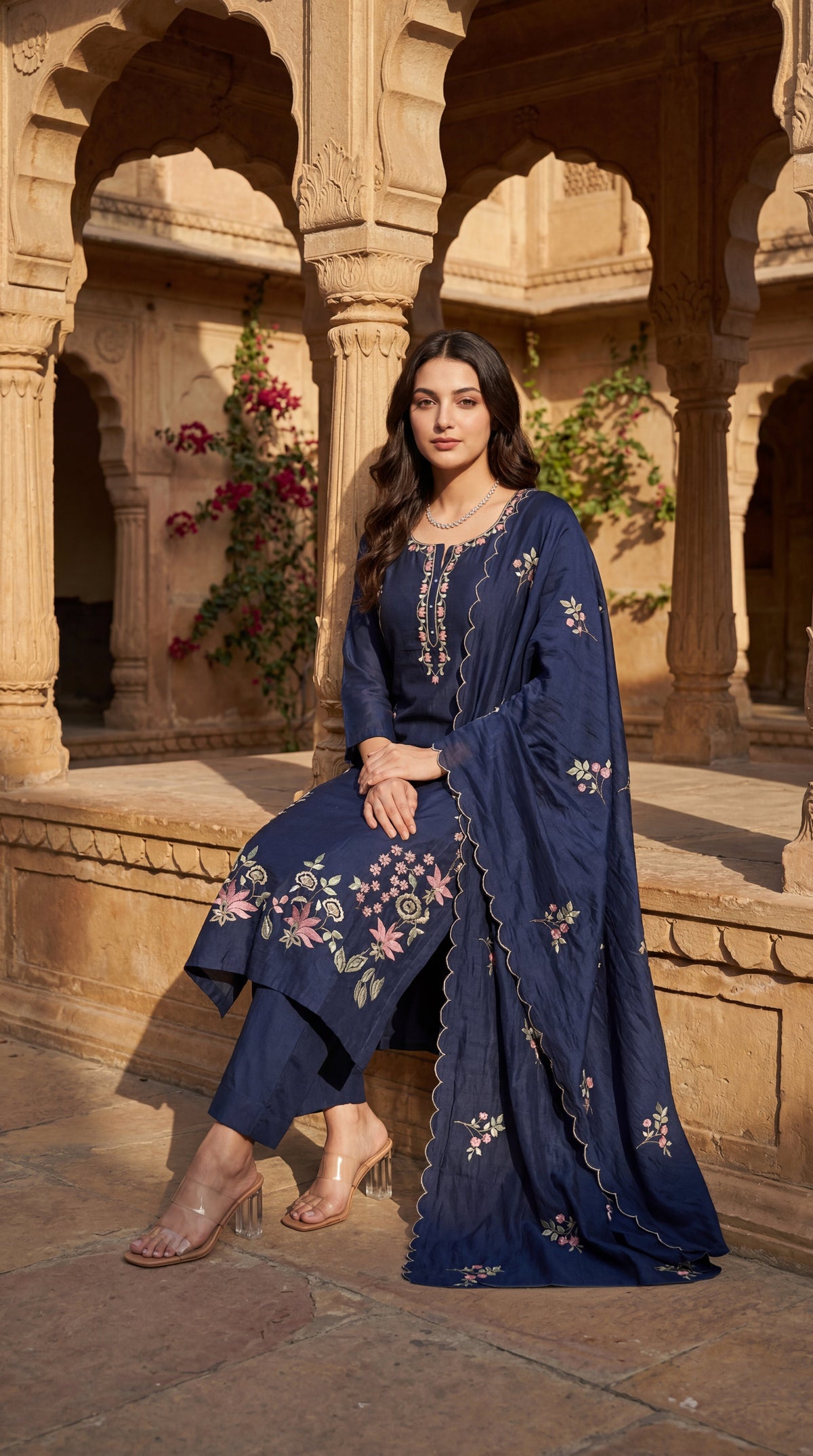 Navy Blue Chanderi Kurta Set – 3-Piece Pink Floral Embroidered Suit with Scalloped Dupatta