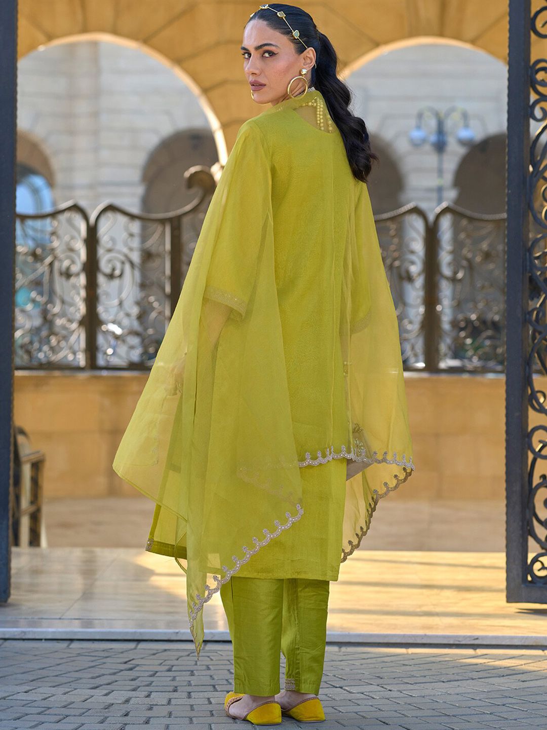 Aadesh Fashion Lucy Olive Lemon Georgette Embroidered Kurti Pant Set with Organza Dupatta