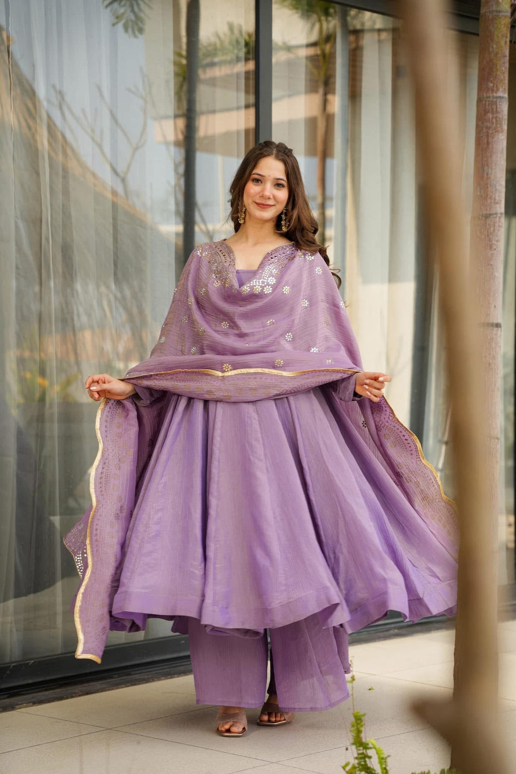 Aadesh Fashion Bina Lavender Pastel Chinon Silk Flared Anarkali Gown Set with Dupatta