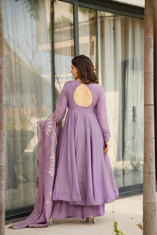 Aadesh Fashion Bina Lavender Pastel Chinon Silk Flared Anarkali Gown Set with Dupatta
